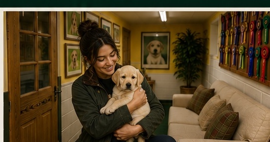 Eastdew kennel artwork: Luna with a Labrador puppy